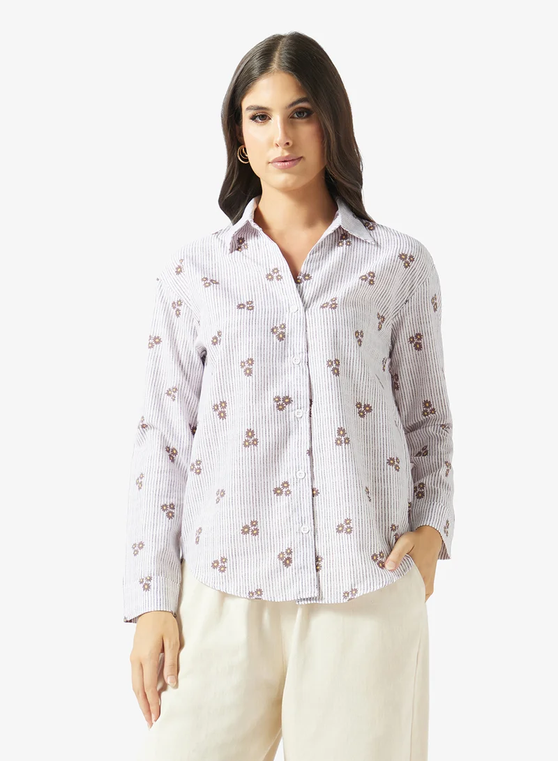 Floral Embroidered Striped Shirt