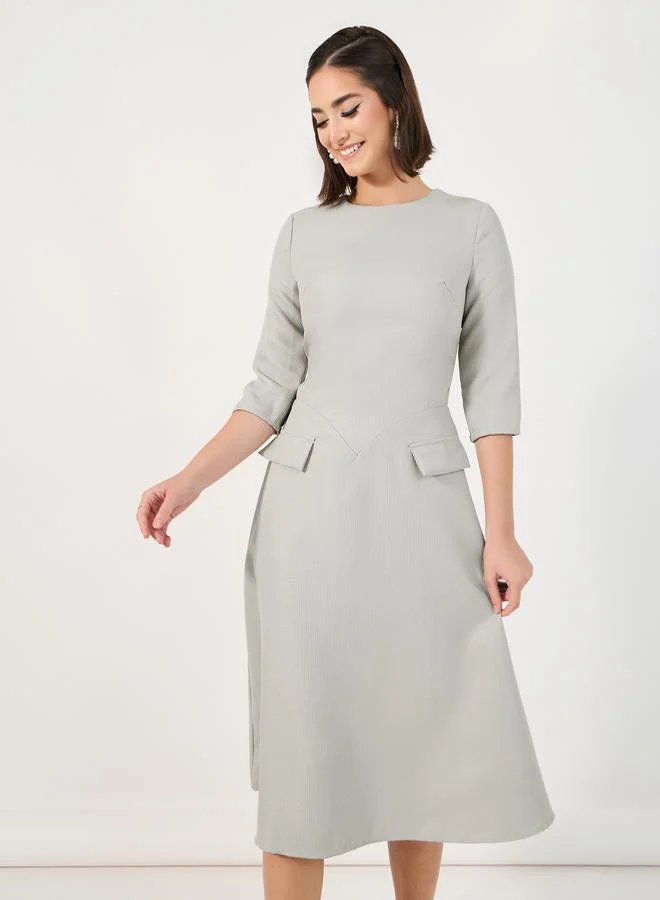 Styli Textured A-Line Midi Dress with Flap Detail