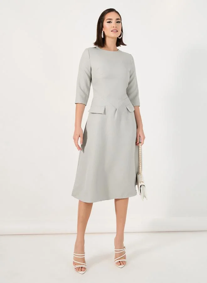 Styli Textured A-Line Midi Dress with Flap Detail