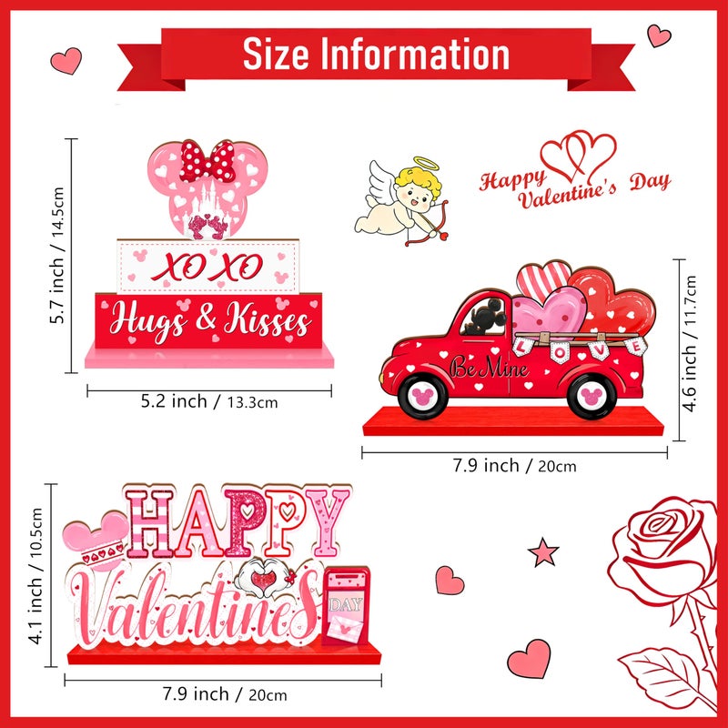 CIOEY 3Pcs Valentines Day Wooden Table Decorations, Mouse Shaped Be Mine Truck Sign, Happy Valentines Day Tabletop Centerpieces, Red Pink Love Hearts Decoration for Home, Party, Anniversary, Wedding - Image 2