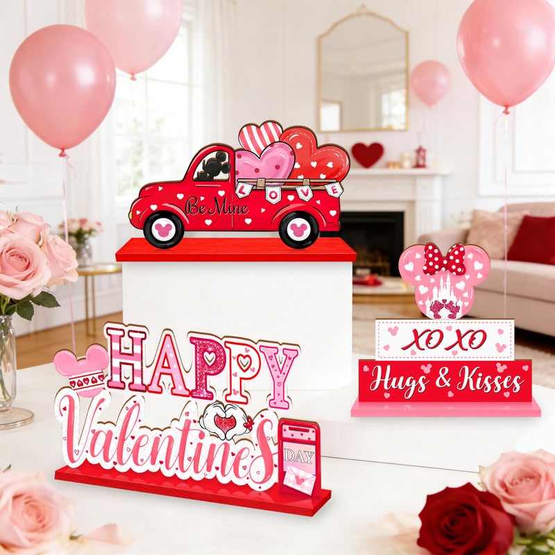 CIOEY 3Pcs Valentines Day Wooden Table Decorations, Mouse Shaped Be Mine Truck Sign, Happy Valentines Day Tabletop Centerpieces, Red Pink Love Hearts Decoration for Home, Party, Anniversary, Wedding - Image 4