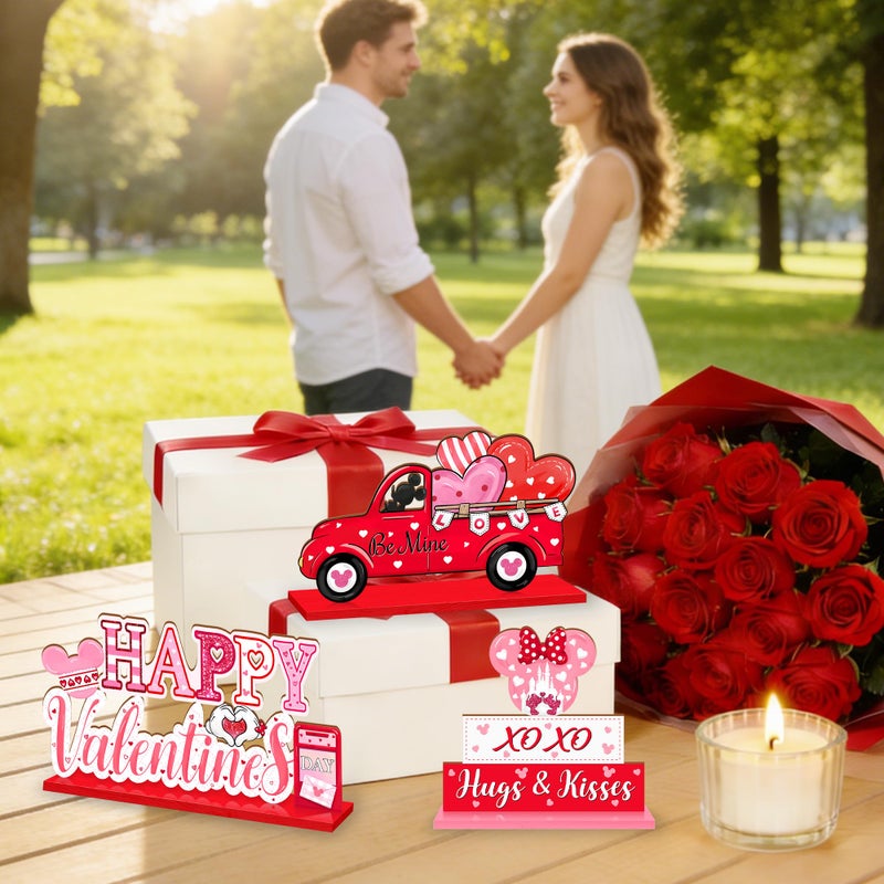 CIOEY 3Pcs Valentines Day Wooden Table Decorations, Mouse Shaped Be Mine Truck Sign, Happy Valentines Day Tabletop Centerpieces, Red Pink Love Hearts Decoration for Home, Party, Anniversary, Wedding - Image 5