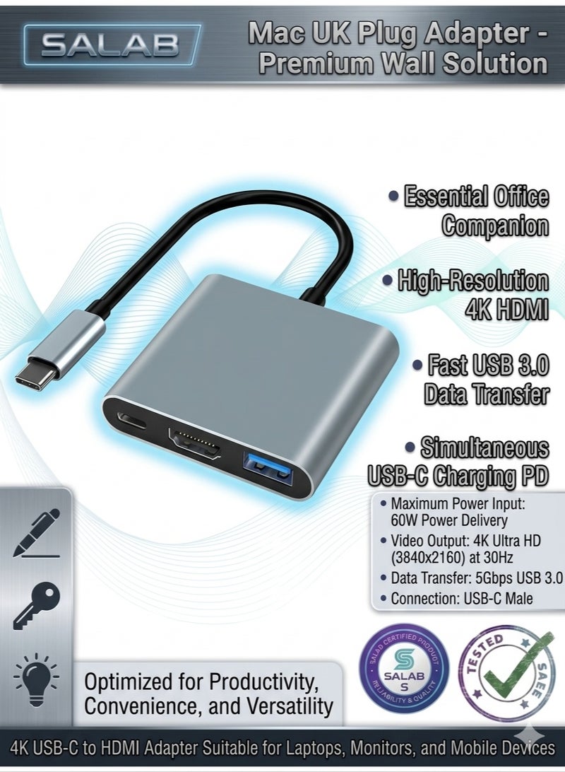 Salab 4K USB C to HDMI Adapter, 3-in-1 HDMI to USBC Digital AV Multiport Adapter,USB Type C Converter to 4K HDMI,USB 3.0, 100W PD Compatible for MacBook Pro Air iPad Chromebook XPS Acer HP Dell Surface Samsung - Image 1