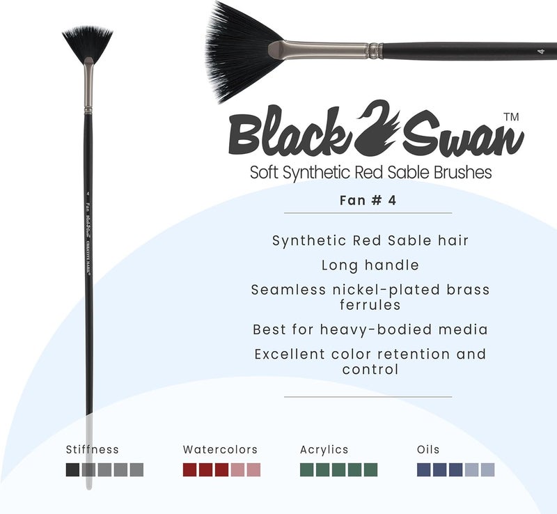 Creative Mark Black Swan Synthetic Red Sable Fan Paint Brushes - Fan Size # 4 - Professional Quality Long Handle Paint Brushes for Oil, Heavy Body Media and Acrylic - Artists of All Levels - Image 1