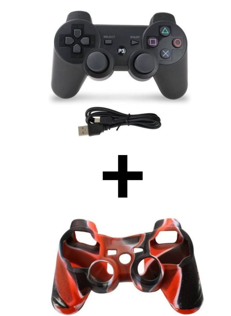 Black PlayStation 3 controller, red camouflage case, and charger connector - Image 1