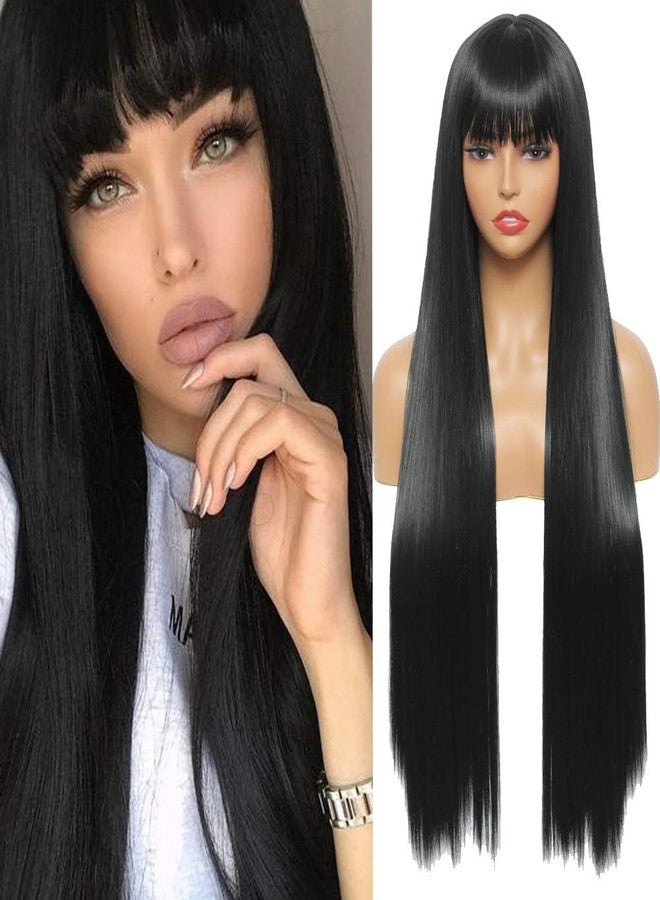 QUEENTAS 40 Inch Long Wig for Women Straight Full Head Hair Cover Black Synthetic Wigs for Women with Bangs Lightweight for Diwali Cosplay Daily Use - Image 1