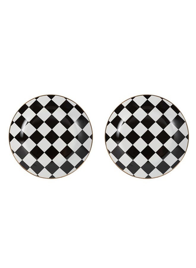 RockTrend Retro Black and White Checkerboard Gold Edge Ceramic Dinner Plate Dessert Plate Salad Plate-Set of 2 - Image 1
