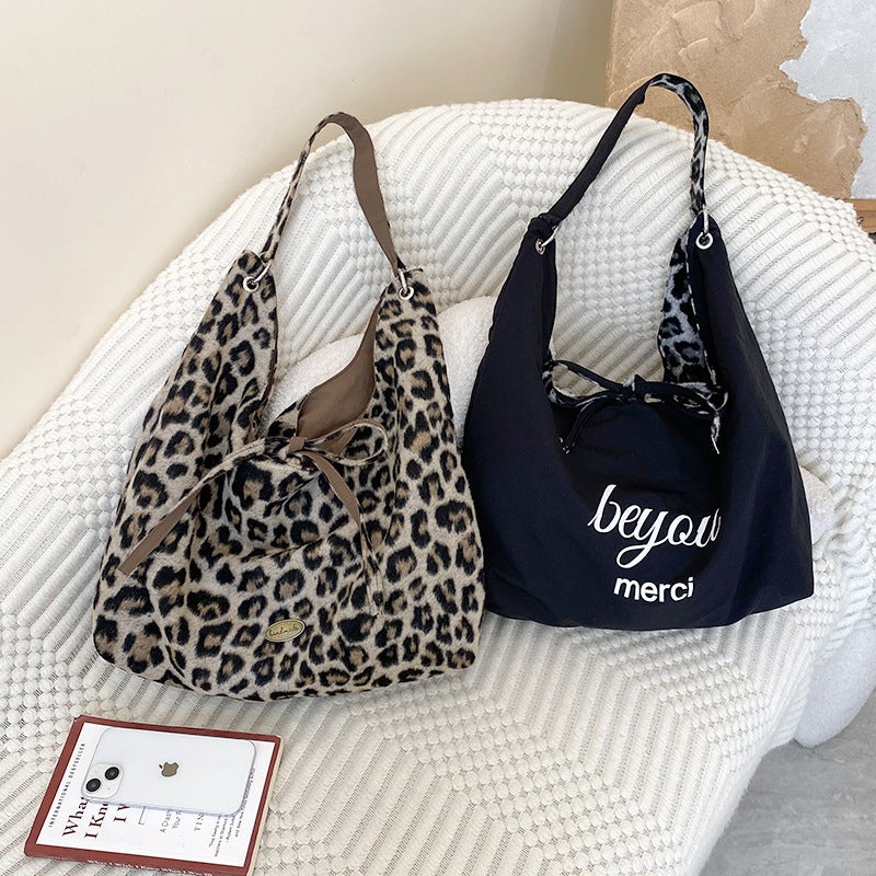 New Leopard Print Canvas Shoulder Bag Lazy Style Large Capacity Tote Bag Ins Work Commuter All-Match Cloth Bag - Image 3