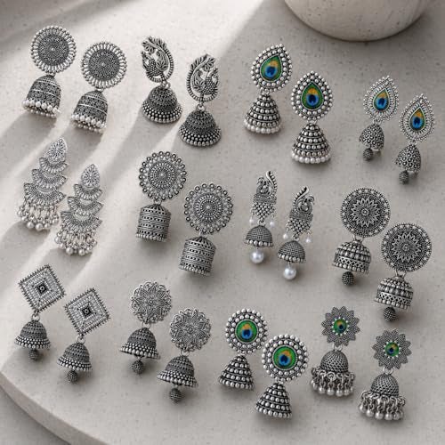 MEENAZ 12 Pair earrings for women Stylish fashion jhumka oxidised Silver Earrings for women Combo chandbali pearl chandbali stylish jhumkas traditional Earrings For girls South indian traditional Ear Rings -M879 - Image 4