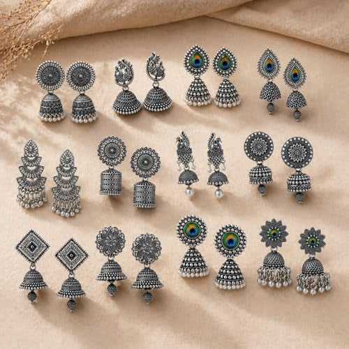 MEENAZ 12 Pair earrings for women Stylish fashion jhumka oxidised Silver Earrings for women Combo chandbali pearl chandbali stylish jhumkas traditional Earrings For girls South indian traditional Ear Rings -M879 - Image 3