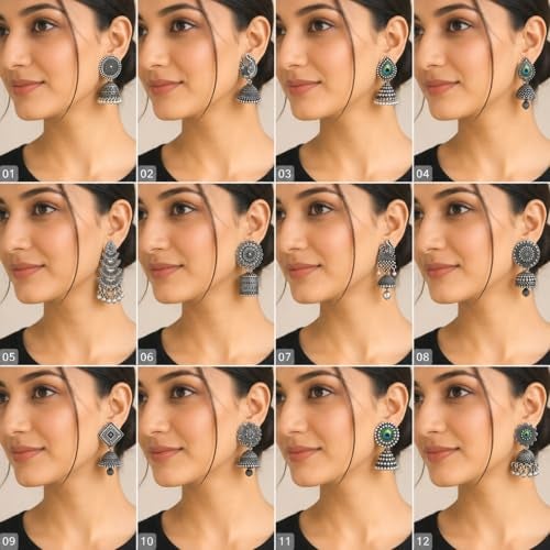 MEENAZ 12 Pair earrings for women Stylish fashion jhumka oxidised Silver Earrings for women Combo chandbali pearl chandbali stylish jhumkas traditional Earrings For girls South indian traditional Ear Rings -M879 - Image 2