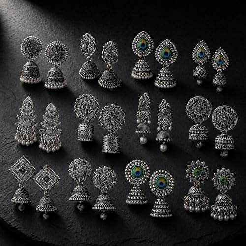 MEENAZ 12 Pair earrings for women Stylish fashion jhumka oxidised Silver Earrings for women Combo chandbali pearl chandbali stylish jhumkas traditional Earrings For girls South indian traditional Ear Rings -M879 - Image 5