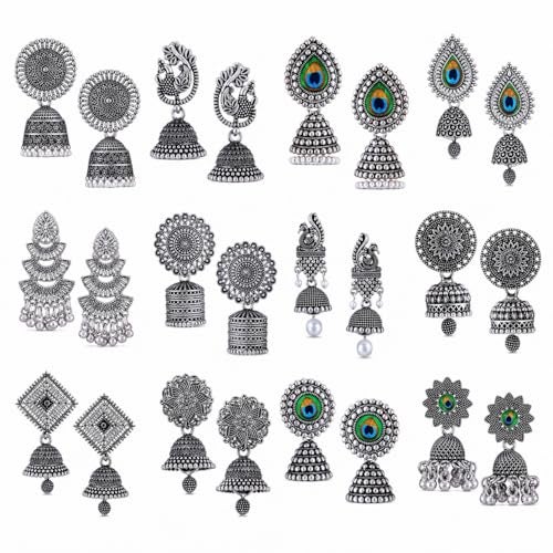 MEENAZ 12 Pair earrings for women Stylish fashion jhumka oxidised Silver Earrings for women Combo chandbali pearl chandbali stylish jhumkas traditional Earrings For girls South indian traditional Ear Rings -M879 - Image 1