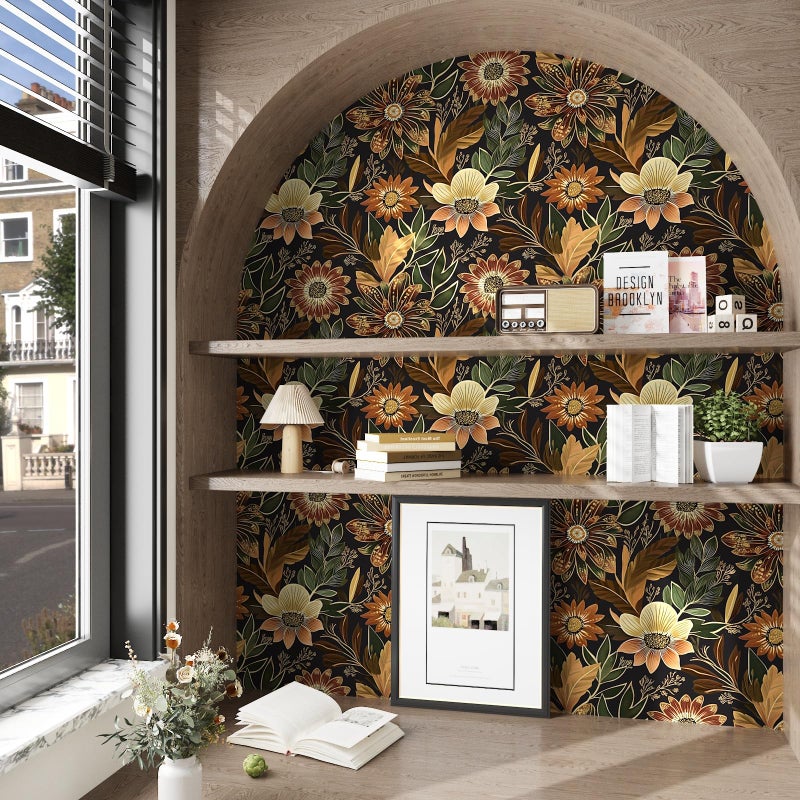 Laatse Boho Wallpaper Peel and Stick Dark Floral Wallpaper for Cabinet Vintage Contact Paper Waterproof Self Adhesive Removable Modern Wall Paper for Bedroom Stair Bathroom 17.5in x118in - Image 2