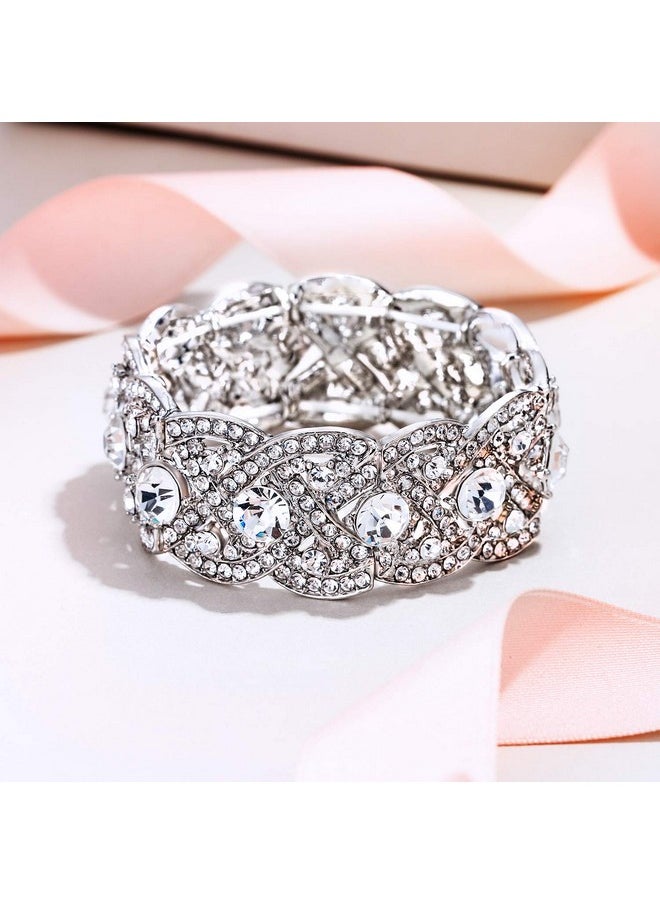 EVER FAITH Austrian Crystal Costume Jewelry Art Deco Elastic Stretch Bracelet Clear Silver-Tone  - Image 5