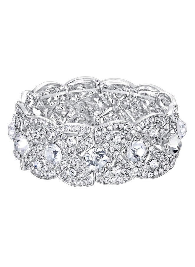EVER FAITH Austrian Crystal Costume Jewelry Art Deco Elastic Stretch Bracelet Clear Silver-Tone  - Image 1