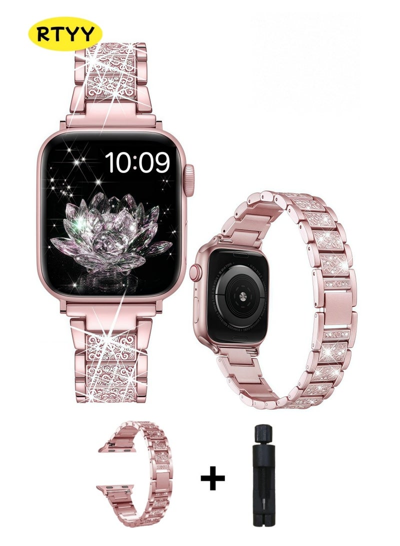 RTYY Bling Watch Bands Compatible with Apple Watch Series Band 42mm/41mm/40mm/38mm Iwatch Series 10/9/8/7/6/SE/5/4/3/2/1, Women Metal Rhinestone Dressy Replacement Wristband，Women's metal apple watch strap - Image 1