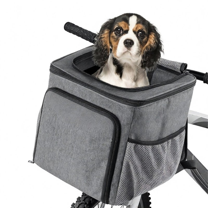 Dog Bike Carrier Backpack Grey Durable Oxford Cloth Expandable Back Spacious - Pet Carrier Backpack with Sun Protection for Travel Camping Hiking Biking - Image 1