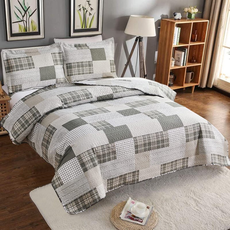 Jarson Patchwork Quilt Set King Size 3Piece Plaid Bedspread Coverlet Bed Cover with 2 Shams Lightweight Soft Bedding Set for All Seasons Gray White