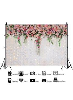 Renaiss 7X5Ft Pink Flowers White Brick Wall Backdrop Rose Floral Green Leaves Glitter Wedding Polyester Fabric Photography Background For Mother'S Day Bridal Baby Shower Birthday Party Decor Banner  - Image 5