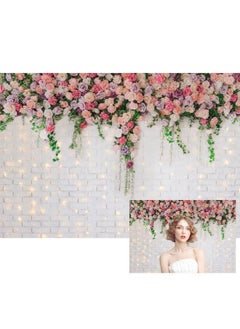 Renaiss 7X5Ft Pink Flowers White Brick Wall Backdrop Rose Floral Green Leaves Glitter Wedding Polyester Fabric Photography Background For Mother'S Day Bridal Baby Shower Birthday Party Decor Banner  - Image 2