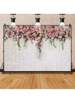 Renaiss 7X5Ft Pink Flowers White Brick Wall Backdrop Rose Floral Green Leaves Glitter Wedding Polyester Fabric Photography Background For Mother'S Day Bridal Baby Shower Birthday Party Decor Banner  - Image 3