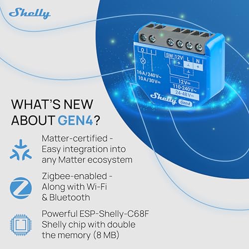 Shelly 1 Gen4 | Wi-Fi, Zigbee & Matter Smart Relay Switch with Dry Contacts, 1-Channel 16A | Home Automation | Alexa, SmartThings, Google Home, Apple HomeKit Compatible | Garage Door Opener (4 Pack) - Image 4