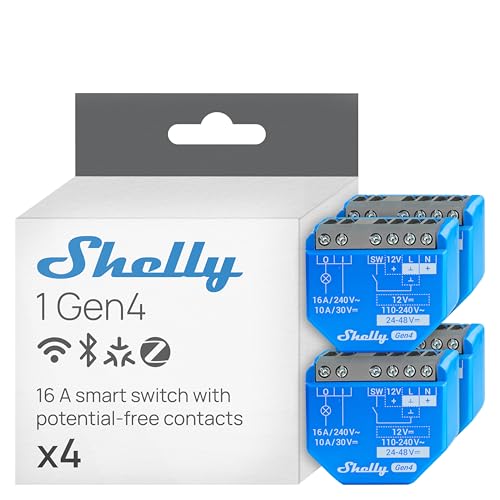 Shelly 1 Gen4 | Wi-Fi, Zigbee & Matter Smart Relay Switch with Dry Contacts, 1-Channel 16A | Home Automation | Alexa, SmartThings, Google Home, Apple HomeKit Compatible | Garage Door Opener (4 Pack) - Image 1