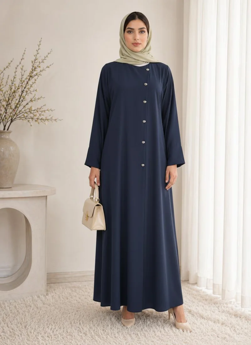 أم سكوير فاشن Navy Blue Korean Nida Abaya I Asymmetrical Button Design with Matching Chiffon Headscarf