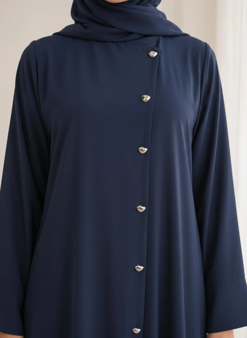 MSquare Fashion  Navy Blue Korean Nida Abaya I Asymmetrical Button Design with Matching Chiffon Headscarf for Women | Best Price UAE