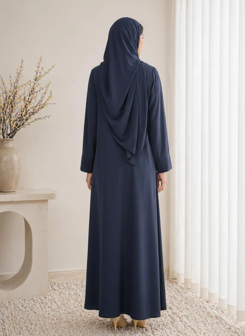 MSquare Fashion  Navy Blue Korean Nida Abaya I Asymmetrical Button Design with Matching Chiffon Headscarf for Women | Best Price UAE