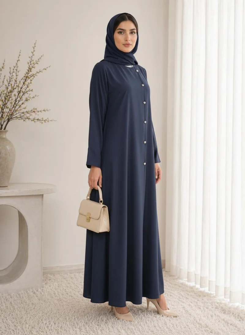 أم سكوير فاشن Navy Blue Korean Nida Abaya I Asymmetrical Button Design with Matching Chiffon Headscarf