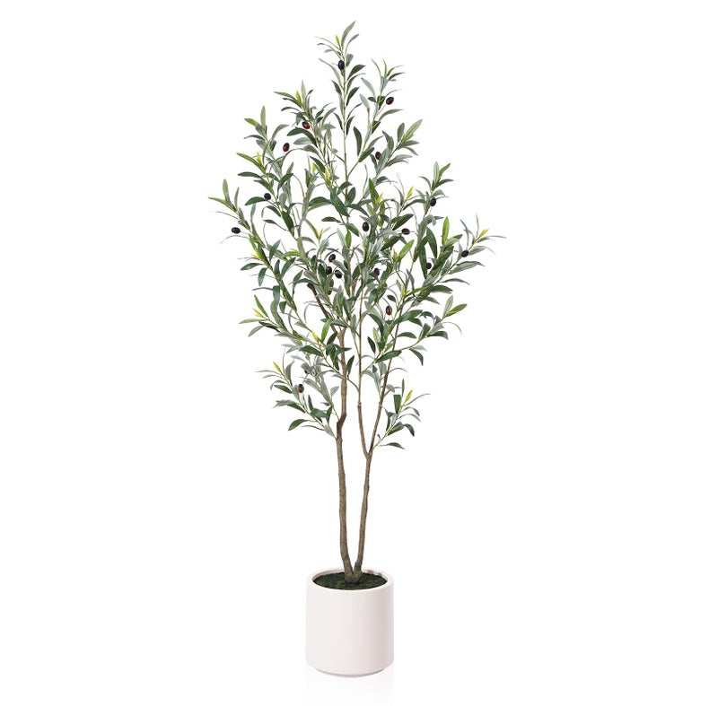 LOMANTO Artificial Olive Trees 5 ft Tall Fake Olive Trees for Indoor Faux Olive Silk Tree Large Olive Plants with White Planter for Home Decor and Housewarming Gift 1 Pack