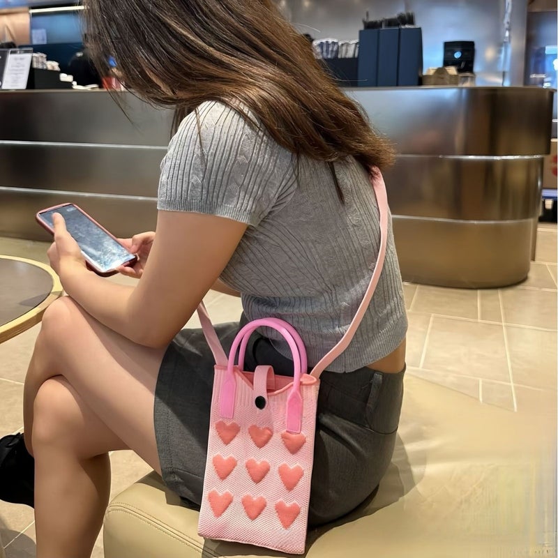 Texted Handbag Girl Love 2025 Mobile Phone Bag Wool Knitted Small Square Bag Crossbody Bag - Image 4