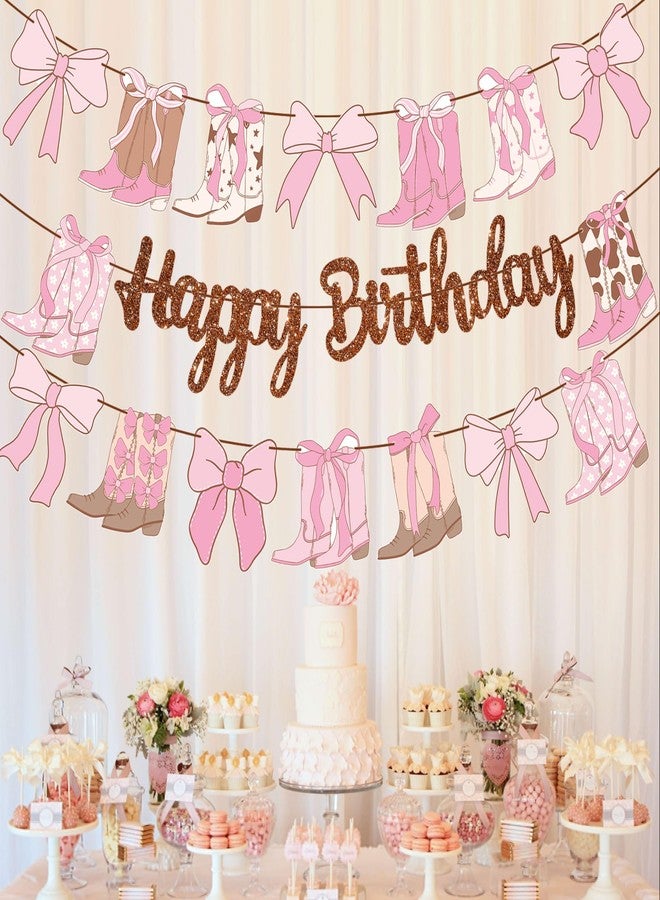 umoni Cowgirl Boots Bow Birthday Banners Western Coquette Decorations 3PCS Boots and Bows Banner Glitter Brown Coquette Birthday Party Supplies for Baby Shower Decor - Image 4