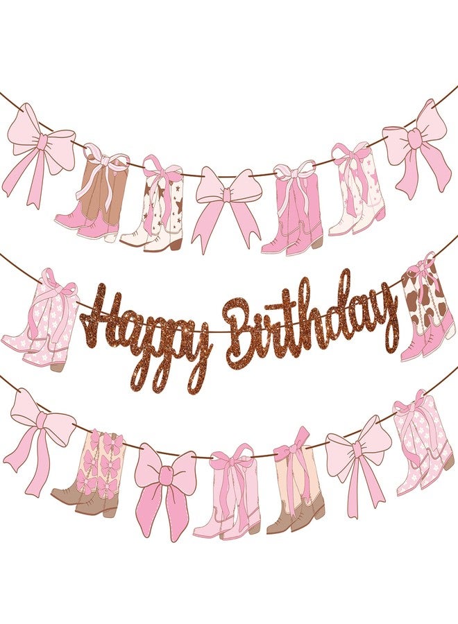 umoni Cowgirl Boots Bow Birthday Banners Western Coquette Decorations 3PCS Boots and Bows Banner Glitter Brown Coquette Birthday Party Supplies for Baby Shower Decor - Image 2