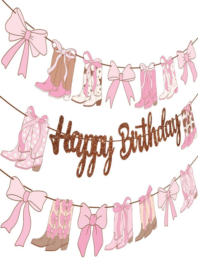 umoni Cowgirl Boots Bow Birthday Banners Western Coquette Decorations 3PCS Boots and Bows Banner Glitter Brown Coquette Birthday Party Supplies for Baby Shower Decor - Image 1