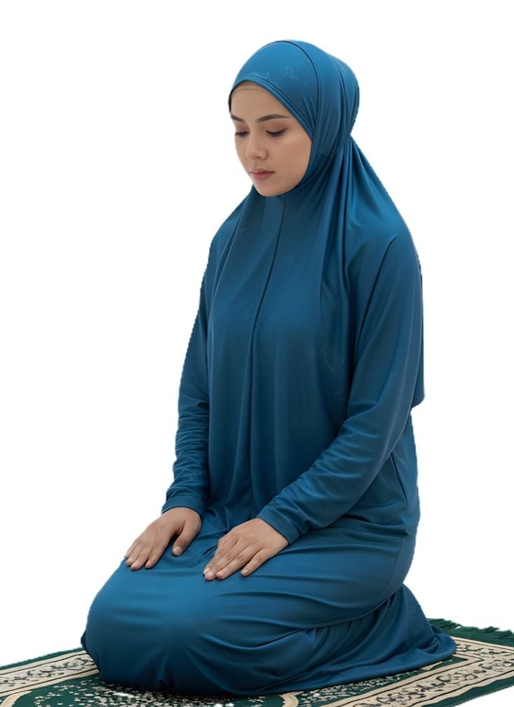 بريميم فستان صلاة بلون أزرق مخضر يغطي الجسم بالكامل للنساء - عباية إسلامية ناعمة وفضفاضة مع حجاب متناسق - Image 2