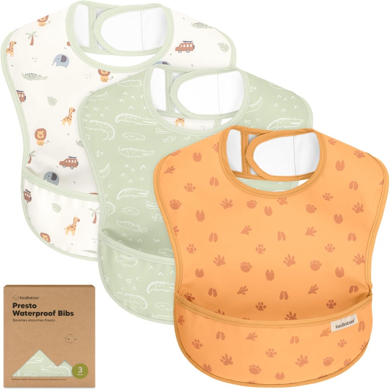 KeaBabies 3-Pack Waterproof Baby Bibs for Eating - Lightweight Toddler Feeding Bibs with Large Food Catcher, Mess Proof, Food-Grade Baby Eating Essentials, Easy to Put On & Clean (Wilderness) - Image 1