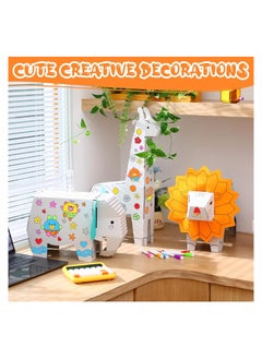 Excefore 3 Sets Kids Animals Arts and Crafts, 3 Style 3D Animal Paper Craft for Kids to Color with 18 Colored Pens Elephant Giraffe Lion Cardboard Animals Model for DIY Doodle Color Draw Decorate Splicing  - Image 2