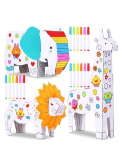 Excefore 3 Sets Kids Animals Arts and Crafts, 3 Style 3D Animal Paper Craft for Kids to Color with 18 Colored Pens Elephant Giraffe Lion Cardboard Animals Model for DIY Doodle Color Draw Decorate Splicing  - Image 1