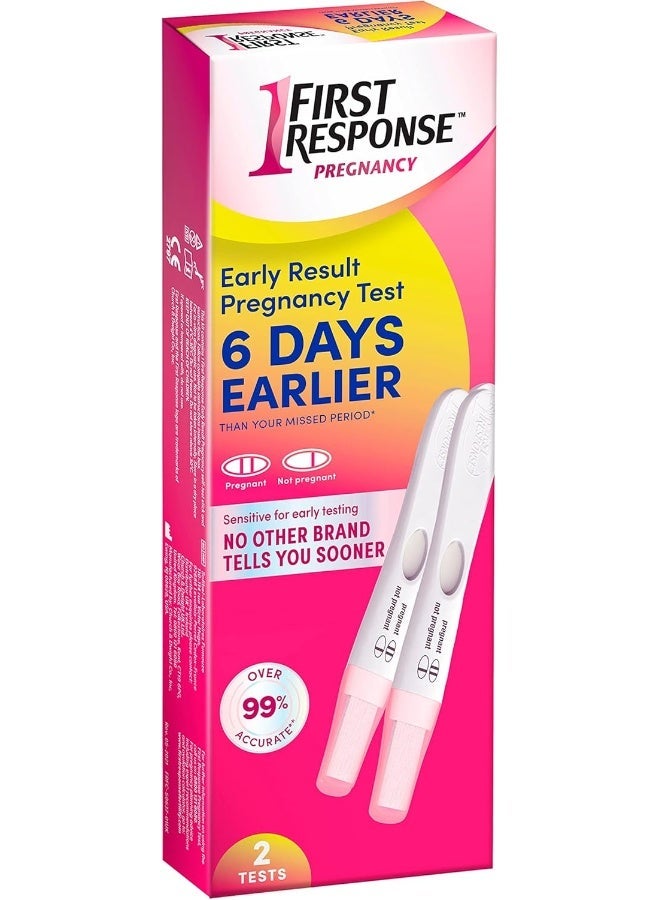 FIRST RESPONSE First Response Early Result Pregnancy Test – Pack of 2 Tests – 99% Accurate Home Urine Test – Detects Pregnancy up to 6 Days Before Missed Period – Fast Results in 3 Mins – Clear Pink Line Display  - Image 1