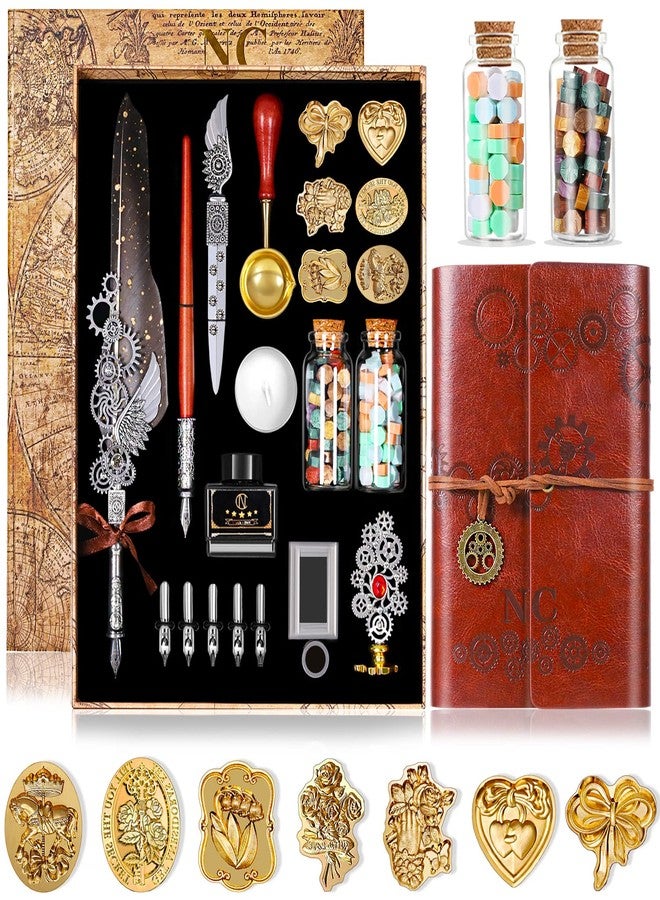 N.C NC Quill Pen Ink Set, Wax Seal Stamp Kit with PU Leather Notebook and Quill Pen,7 Stamp Heads,2 Bottles Wax Beads, for Gift and Decoration,Calligraphy Pen for Writing Letters,Greeting Cards Etc (Grey) - Image 1
