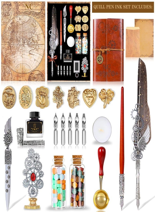 N.C NC Quill Pen Ink Set, Wax Seal Stamp Kit with PU Leather Notebook and Quill Pen,7 Stamp Heads,2 Bottles Wax Beads, for Gift and Decoration,Calligraphy Pen for Writing Letters,Greeting Cards Etc (Grey) - Image 2
