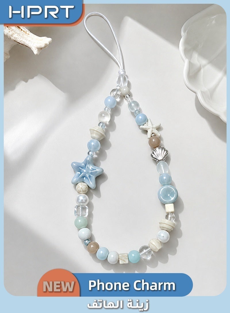 HPRT Handmade Beaded Phone Charm, Cute Star Shell Style Wrist Strap Lanyard, Resin Pearl Phone Chain for Women Girls, Fashionable Camera Charm Strap Accessory (Ocean Blue Star) - Image 1