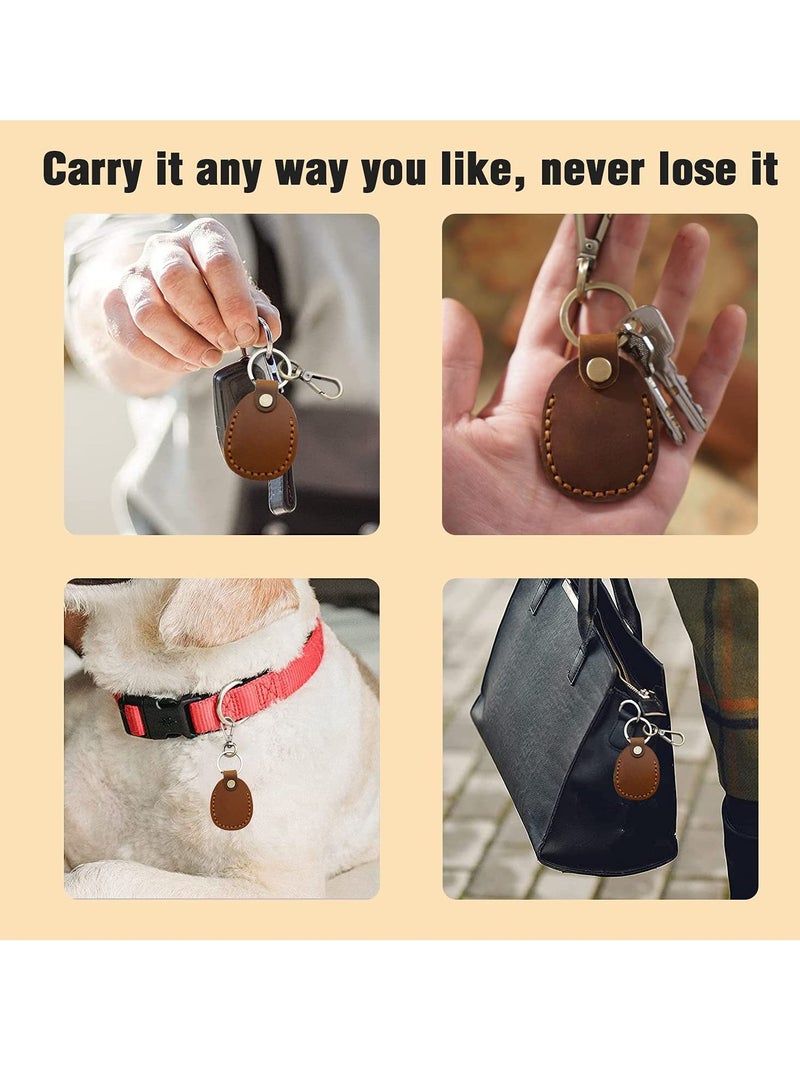 Excefore Leather Airtag Holder Keychain Portable Handmade Genuine Leather Air Tag Holder with Keyring Full Coverage Protective Case Cover Compatible for AirTags 2021 Brown  - Image 4