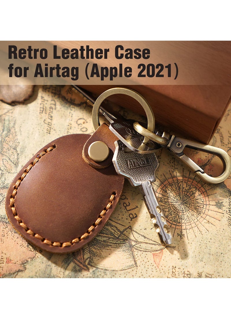 Excefore Leather Airtag Holder Keychain Portable Handmade Genuine Leather Air Tag Holder with Keyring Full Coverage Protective Case Cover Compatible for AirTags 2021 Brown  - Image 1