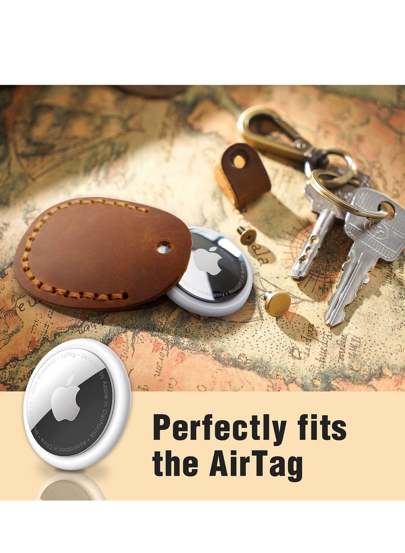 Excefore Leather Airtag Holder Keychain Portable Handmade Genuine Leather Air Tag Holder with Keyring Full Coverage Protective Case Cover Compatible for AirTags 2021 Brown  - Image 2