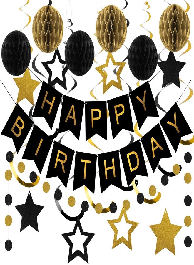 زينة عيد ميلاد رائعة، لافتة عيد ميلاد سعيد مع كرات على شكل خلية نحل، شرائط متدلية على شكل نجوم، إكليل دائري منقط، زينة حفلات عيد ميلاد سعيد للنساء والرجال والأولاد والبنات (أسود وذهبي) - Image 1
