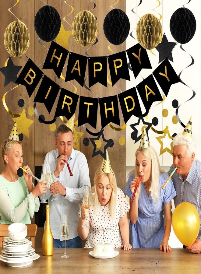 زينة عيد ميلاد رائعة، لافتة عيد ميلاد سعيد مع كرات على شكل خلية نحل، شرائط متدلية على شكل نجوم، إكليل دائري منقط، زينة حفلات عيد ميلاد سعيد للنساء والرجال والأولاد والبنات (أسود وذهبي) - Image 5